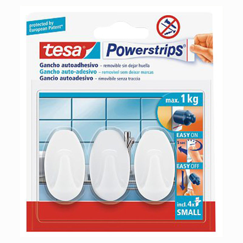 Oval white plastic adhesive hook blister 3 pcs
