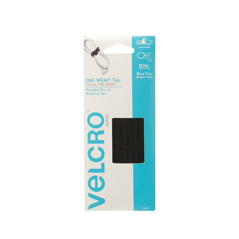 Amarra velcro ajustable negro 8" x 1/2" 5 uds