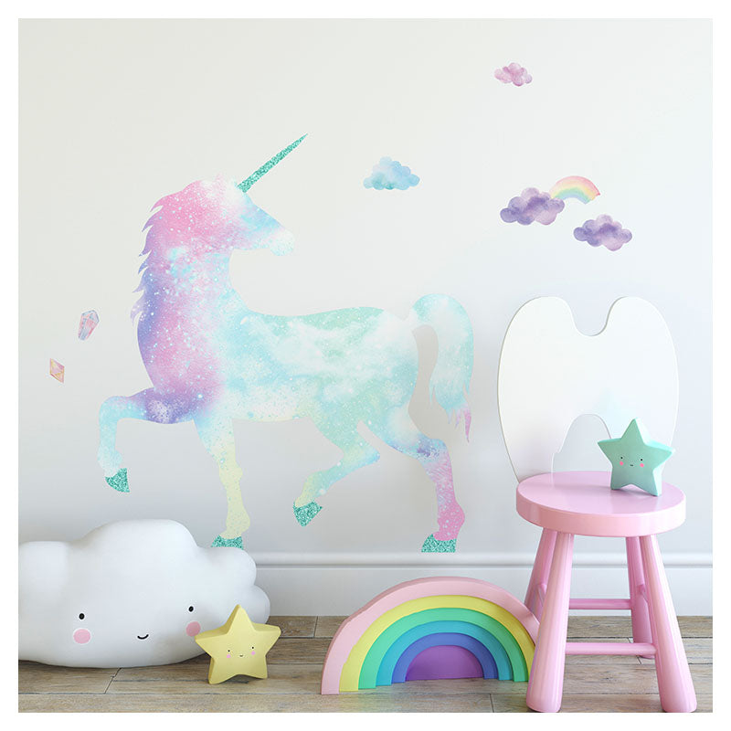 Sticker decorativo figura unicornio galáctico con escarcha