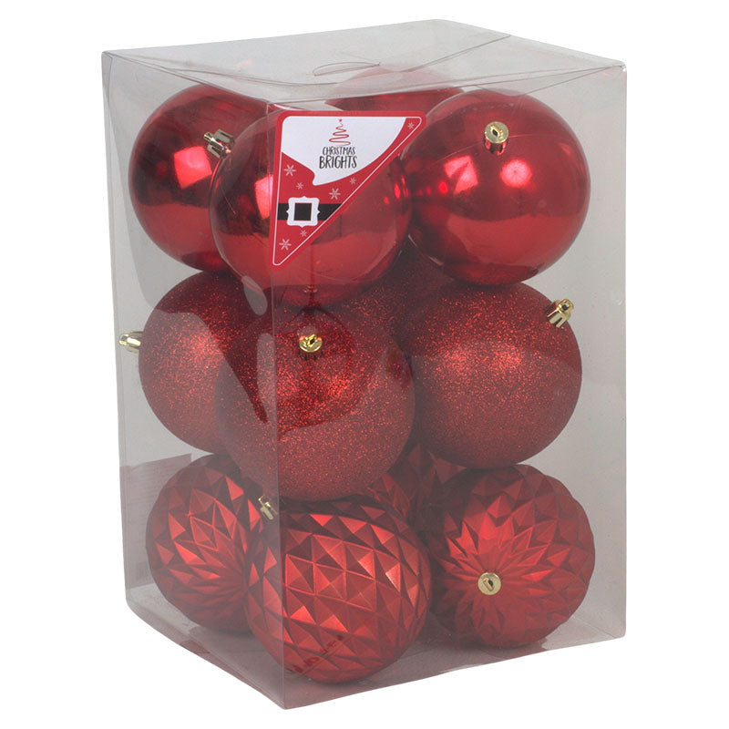 Set of 12 red Christmas ornaments, assorted designs, 10 cm