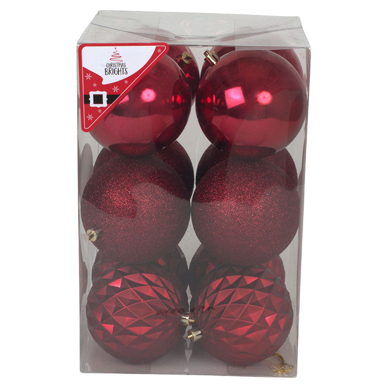 Set of 12 wine-colored Christmas ornaments, assorted designs, 10 cm