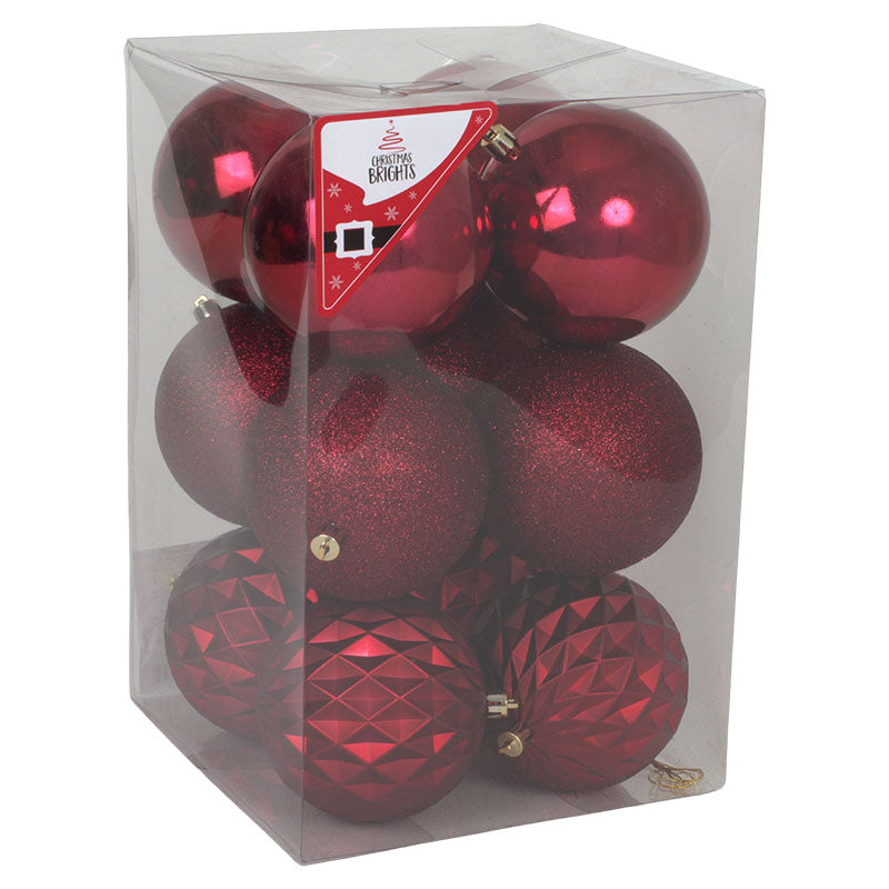 Set of 12 wine-colored Christmas ornaments, assorted designs, 10 cm