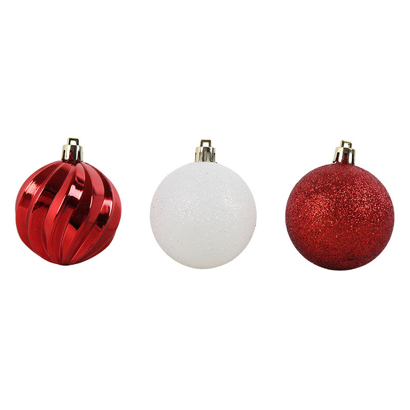Set of 36 red and white Christmas ornaments, assorted designs, 6 cm