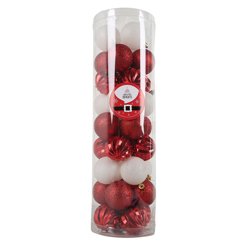 Set of 36 red and white Christmas ornaments, assorted designs, 6 cm