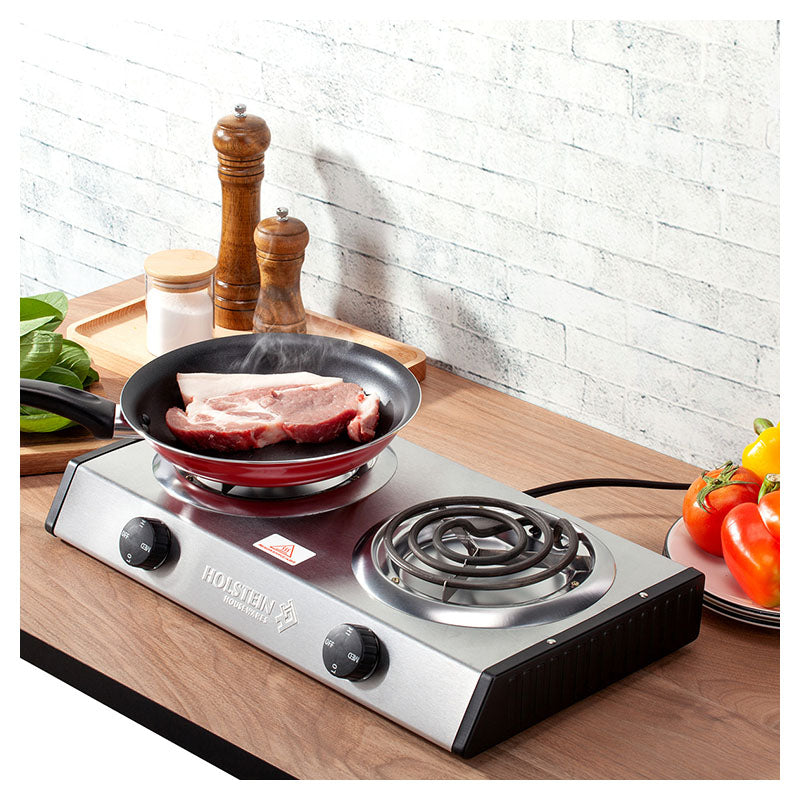 Electric stainless steel cooktop 2 burners 1,500 W 8.8 x 27 x 47cm Holstein