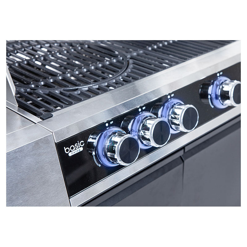 Parrilla gas 4 quemadores con perillas LED y visor de vidrio Basic Living