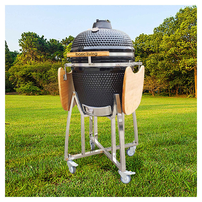 Basic Living Kamado-style charcoal grill with ceramic finish and pizza stone