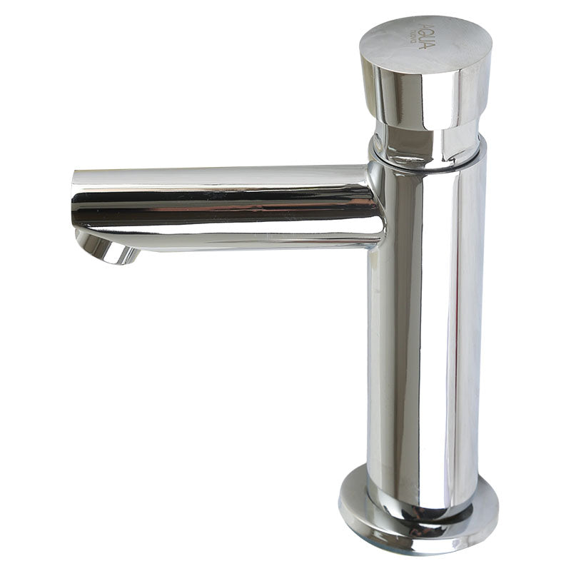 Chrome low-spout single-lever bathroom faucet with push-button drain