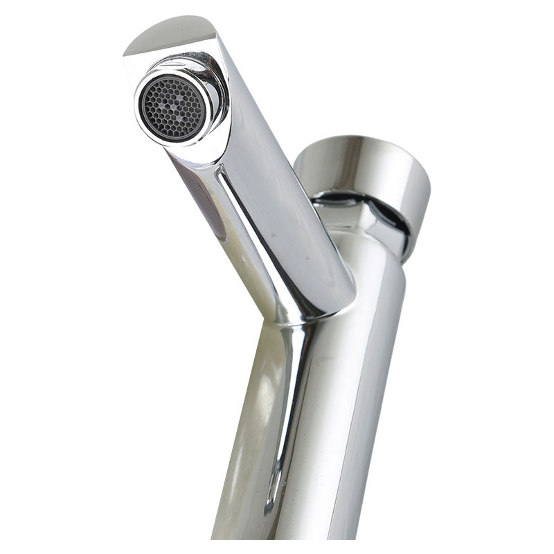 Chrome low-spout single-lever bathroom faucet with push-button drain