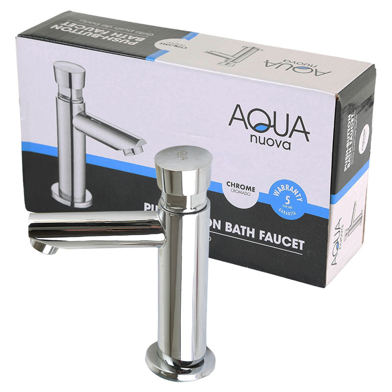 Chrome low-spout single-lever bathroom faucet with push-button drain