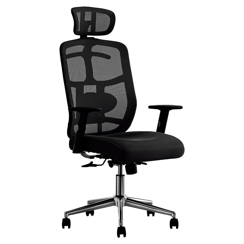 Silla ergonómica negra con respaldar alto y base metálica