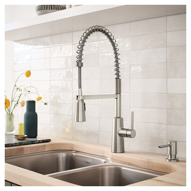 Grifo de cocina Nori extensible níquel cepillado con dispensador de jabón
