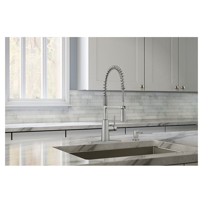 Grifo de cocina Nori extensible níquel cepillado con dispensador de jabón