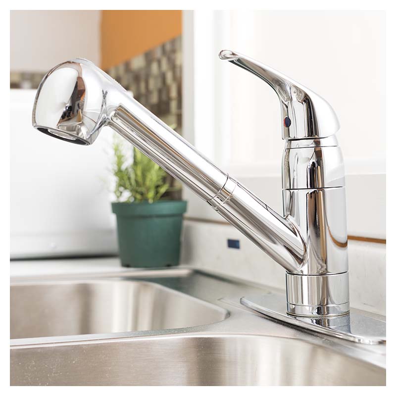 Polished chrome single-lever kitchen faucet with straight spout