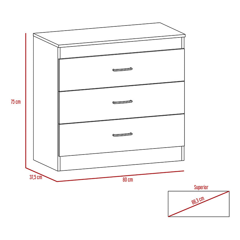 Mahogany three-drawer dresser 75 x 80 x 38 cm