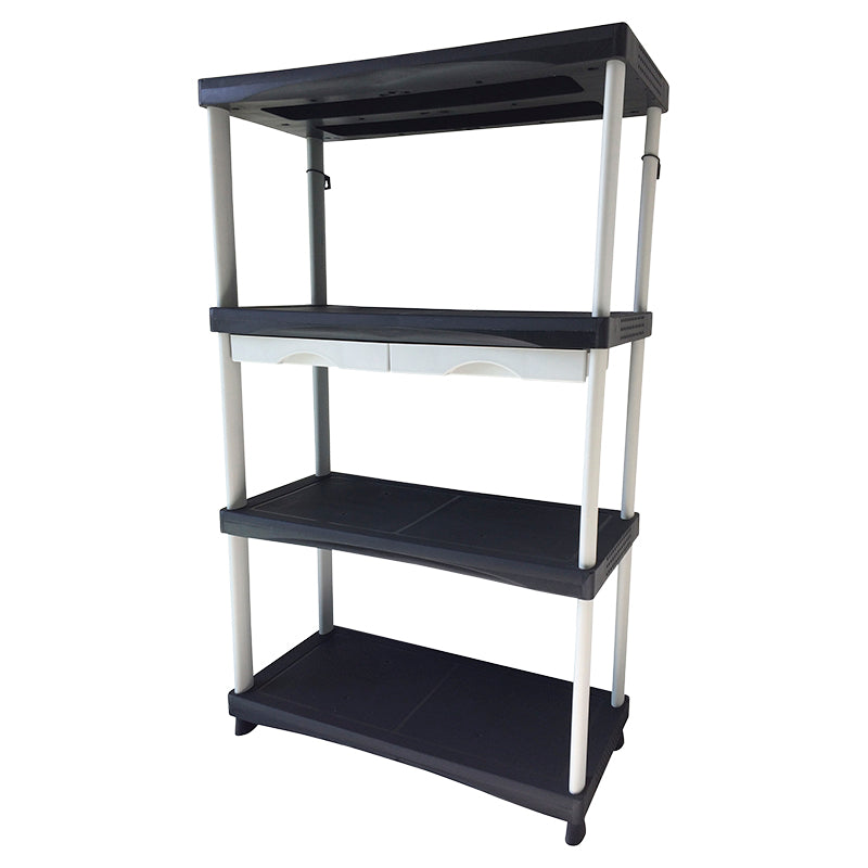 Titan 4-tier plastic shelving unit with drawers 160 x 90 x 45 cm black and grey