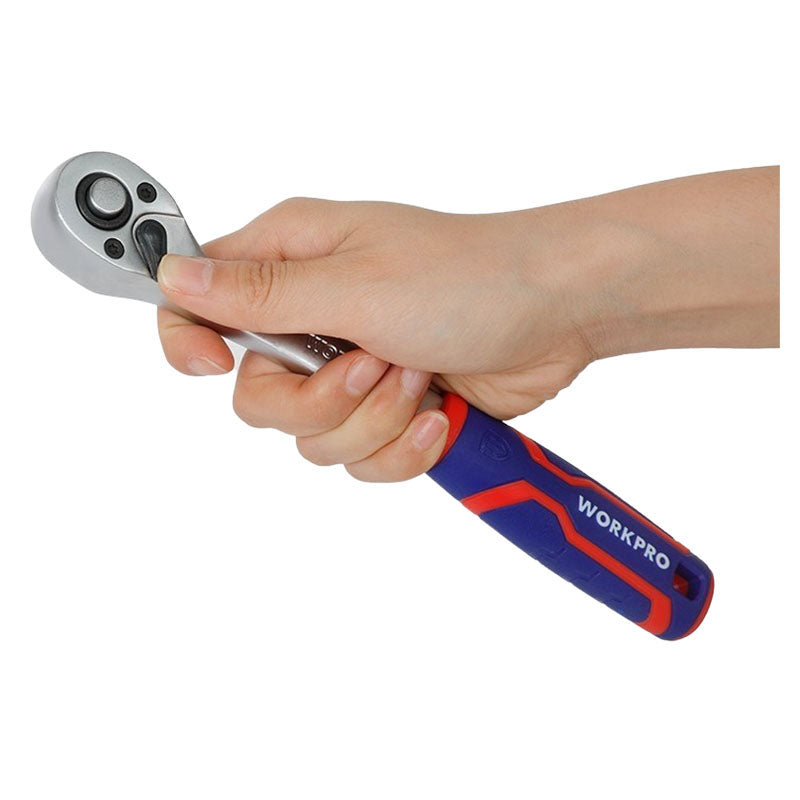 Workpro 3/8" Pear Head Ratchet, Bimaterial Handle, Quick Release, 45 Teeth