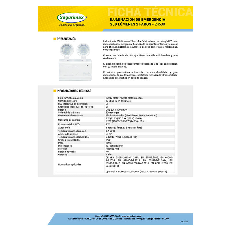 Lámpara emergencia 2 luces LED móviles sobreponer