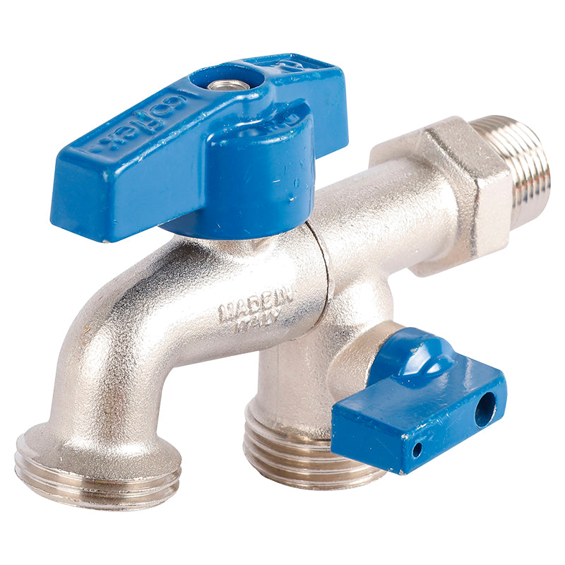 Llave de chorro dual corta 1/2" NPT x 3/4" NH 1/4 de vuelta coflex