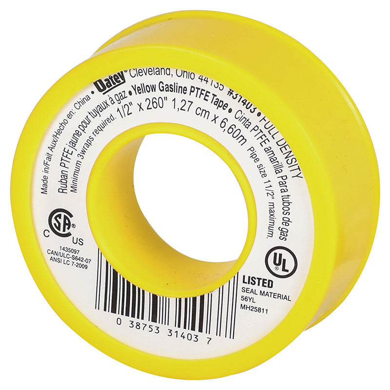 Industrial yellow gas pipe Teflon 1/2" 6.6 m roll Oatey
