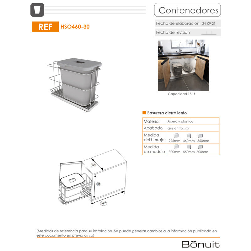 15-liter trash can, slow-close rail, stainless steel and gray plastic, Bonuit