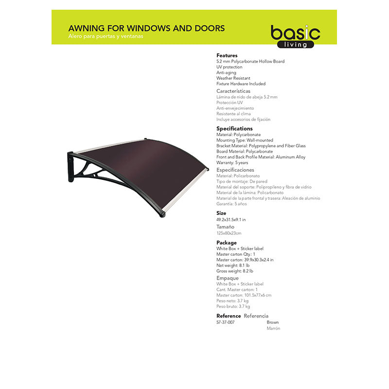 Alero policarbonato bronce soporte negro 125 x 80 cm