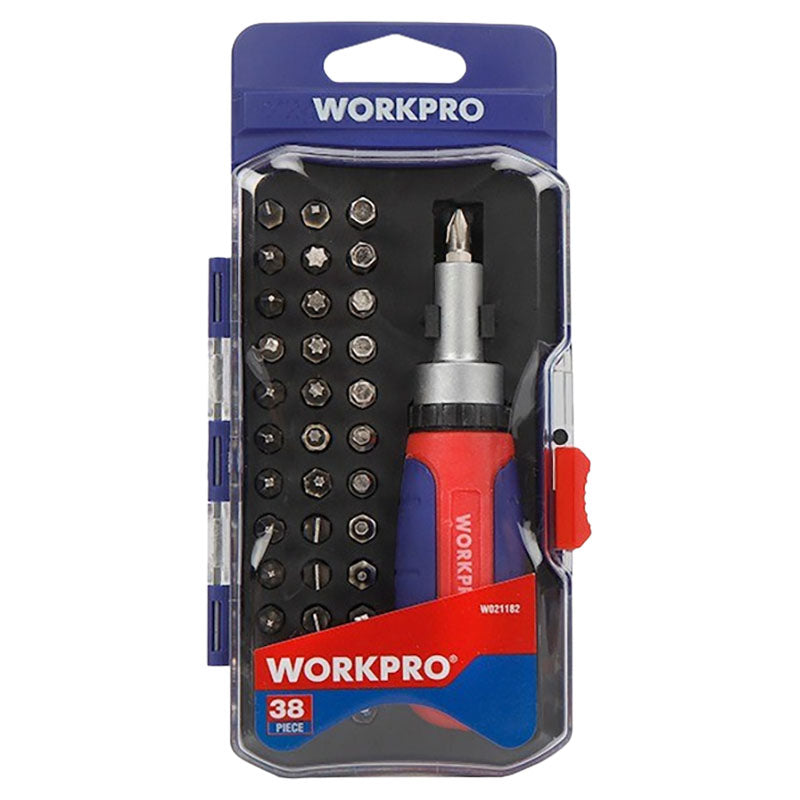 Set destornillador ratchet + puntas varias 38 pzas Workpro