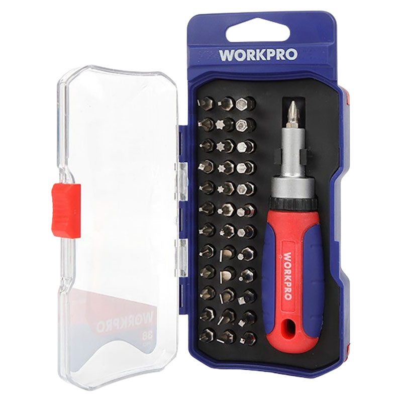 Set destornillador ratchet + puntas varias 38 pzas Workpro