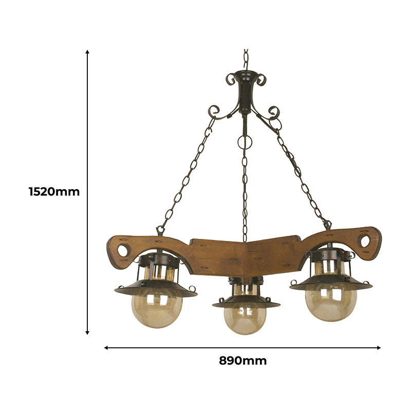 Lámpara colgar rústica esfera ámbar 3 luces E27 (Bombillo se vende por separado)