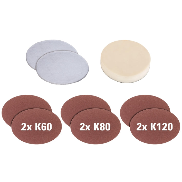 Set de 9 accesorios para pulidora. incluye: 6 lijas, 2 felpas y 1 espuma