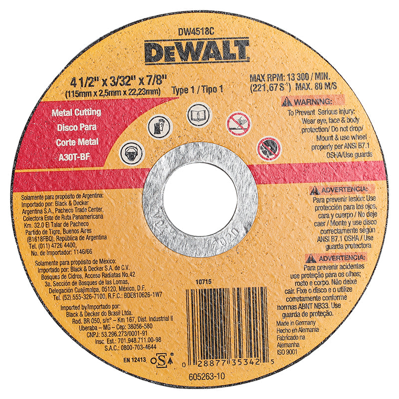 Disco corta metal 4 1/2" x 3/32" Dewalt
