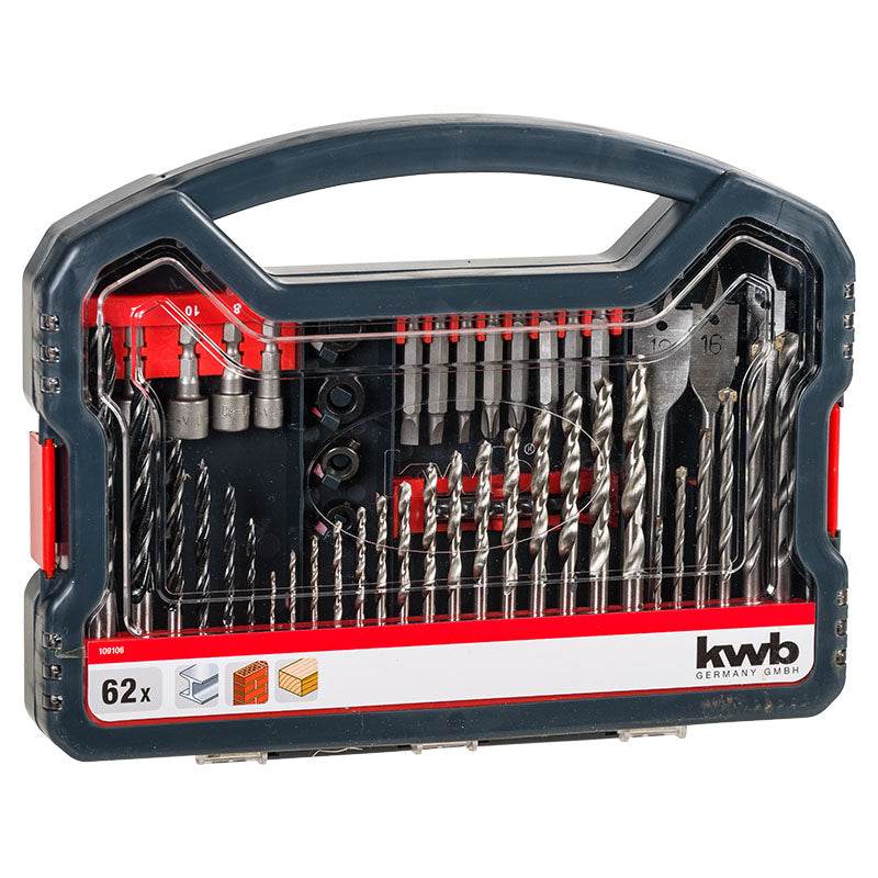 Kit de accesorios para madera, metal y piedra acero al cromo vanadio KWB 62 piezas