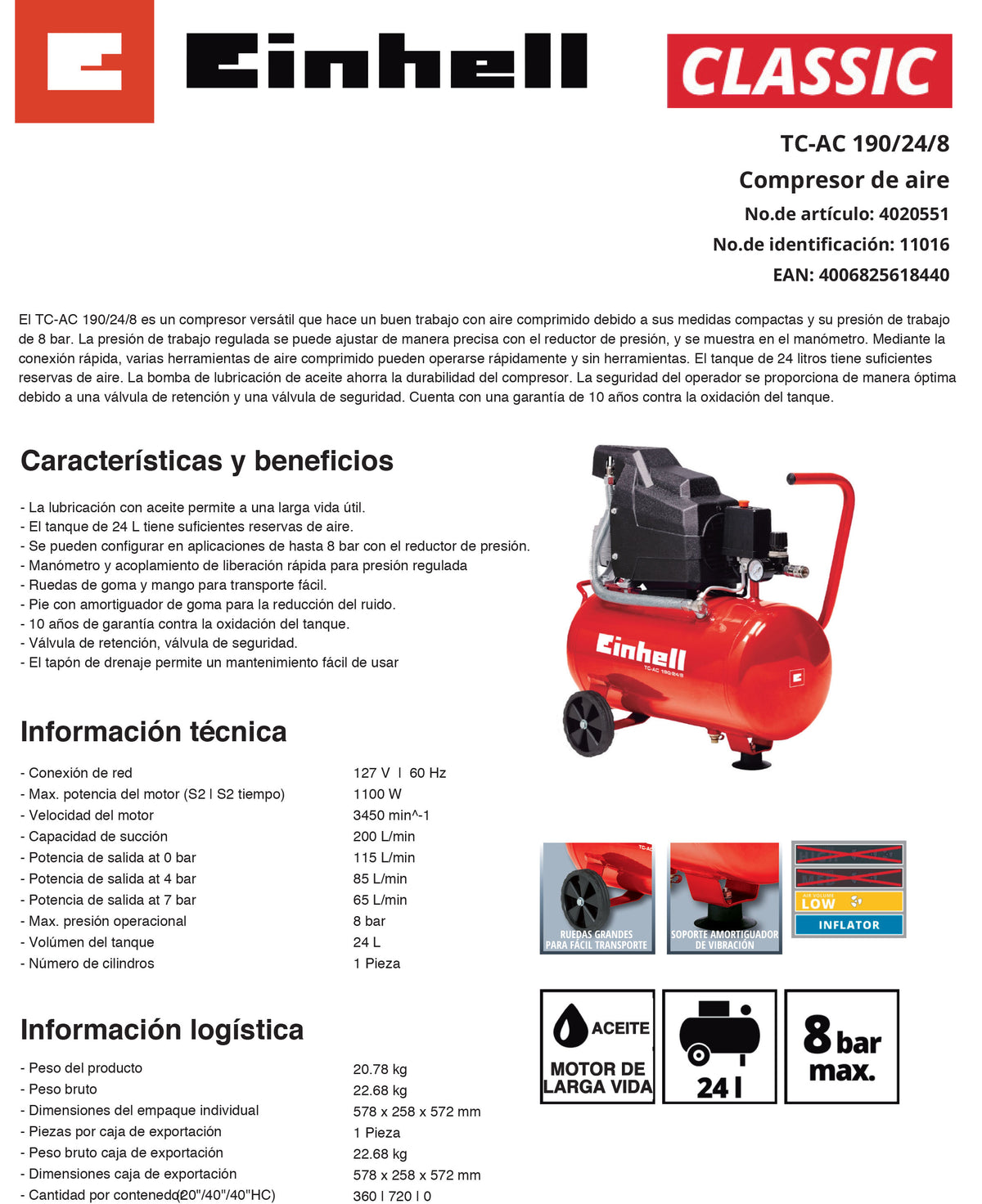 Compressor 24 liters horizontal 2 hp 116 psi 110 V Einhell