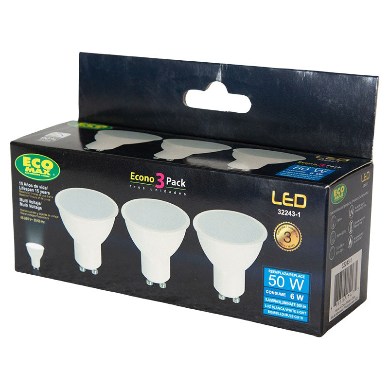 Set 3 bombillos led 6 W GU10 6.000 K ECOMAX