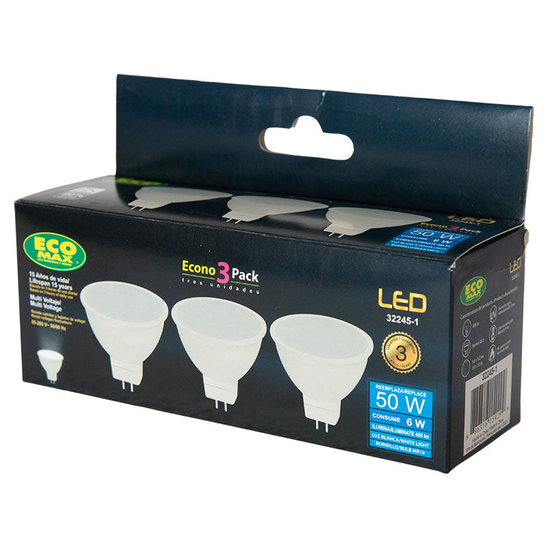 Set 3 bombillos led 6 W G5.3 MR16 6.000 K ECOMAX