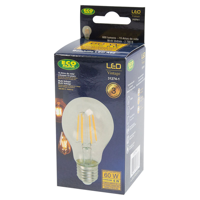 Bombillo led filamentos 6 W E27 A60 3.000 K ECOMAX
