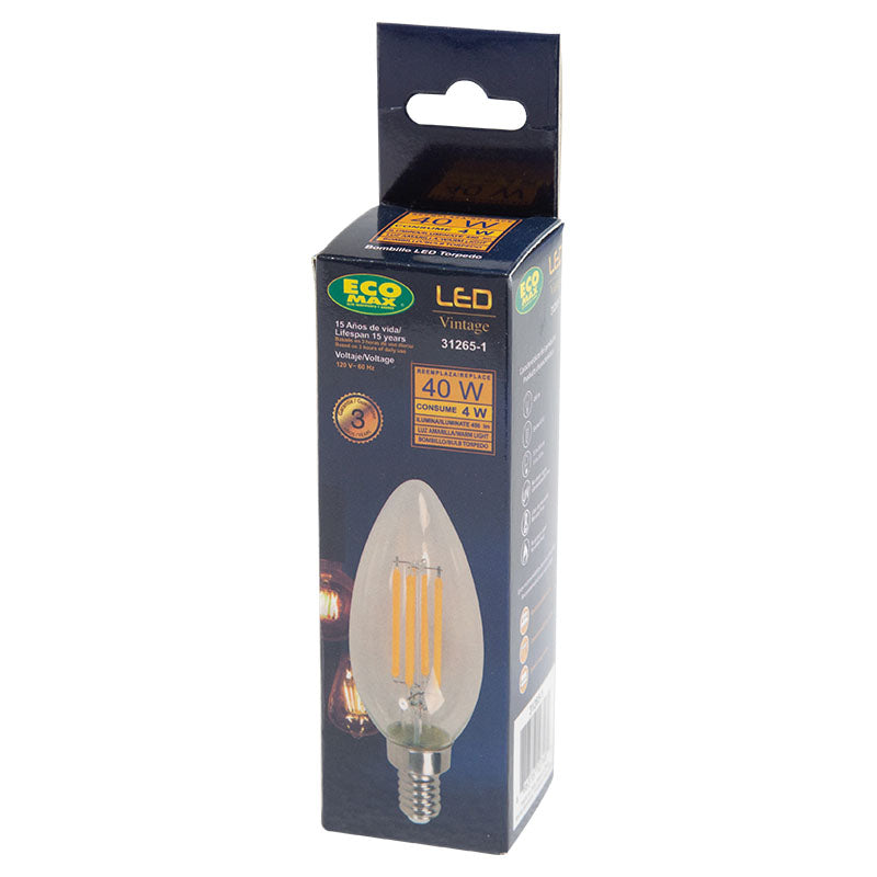 Bombillo led filamentos 4 W E12 vela 3.000 K ECOMAX