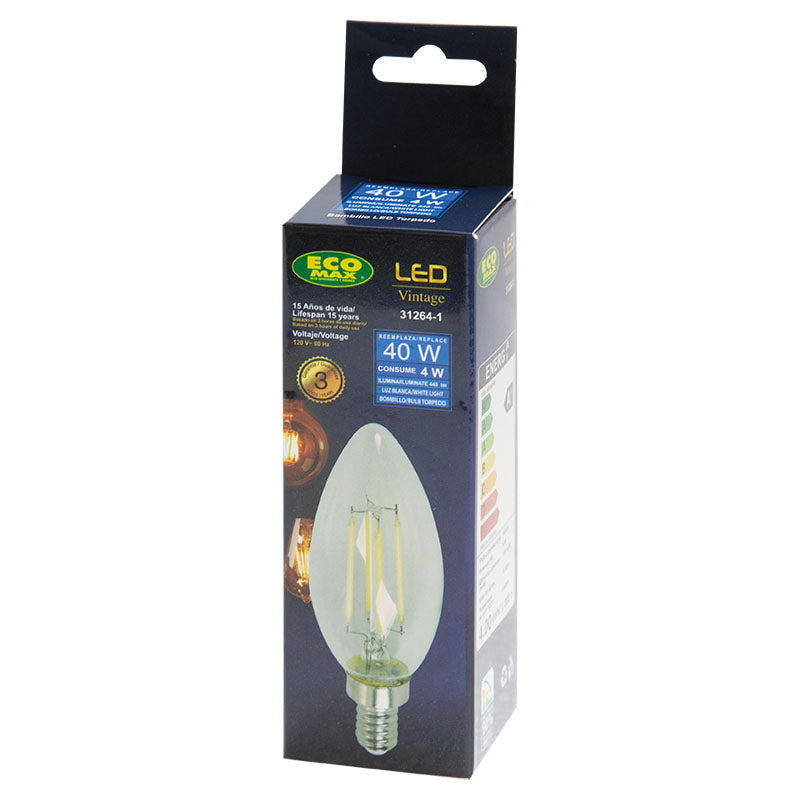 Bombillo led filamentos 4 W E12 torpedo 6.000 K ECOMAX