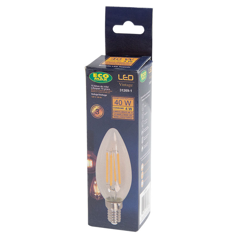 Bombillo led filamentos 4 W E14 torpedo 3.000 K ECOMAX