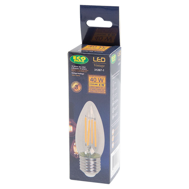 Bombillo led filamentos 4 W E27 torpedo 3.000 K ECOMAX