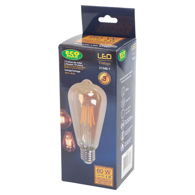 Bombillo led filamentos 6 W E27 edison 3.000 K ECOMAX