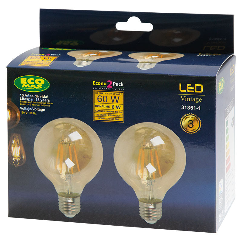 Set 2 bombillos led filamentos 6 W E27 G80 3.000 K ECOMAX