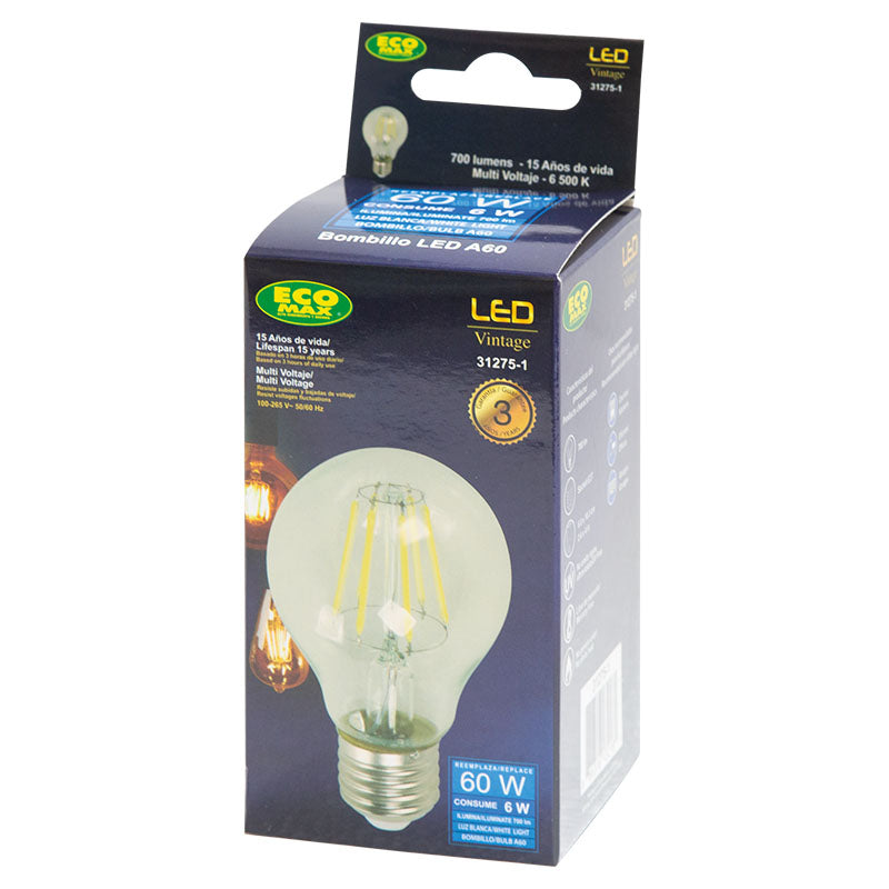 Bombillo led filamentos 6 W E27 A60 6.000 K ECOMAX