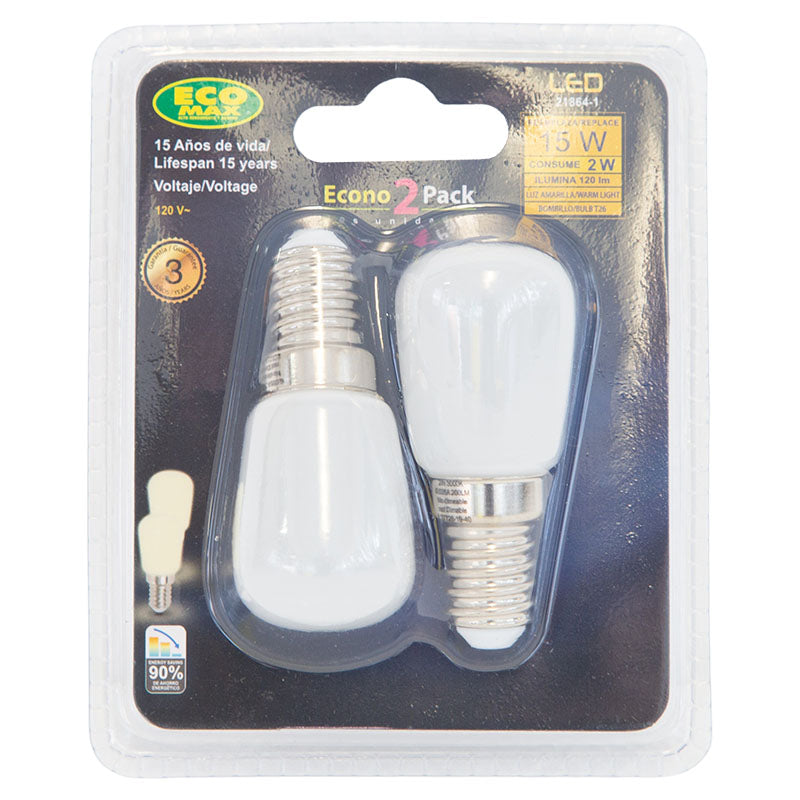 Set 2 bombillos led 2 W E14 T26 3.000 K ECOMAX
