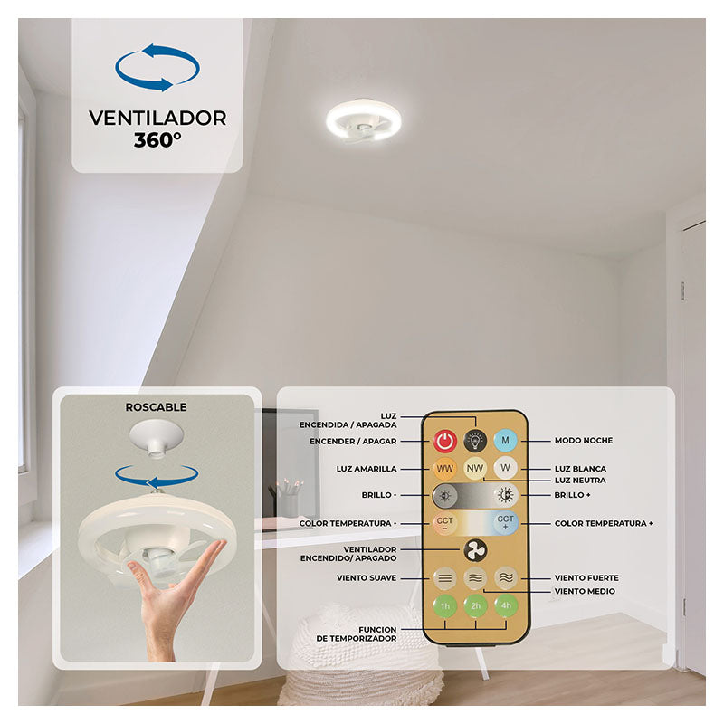 Ventilador oscilante enroscable E27 luz led ajustable 1.870 lm 22 W