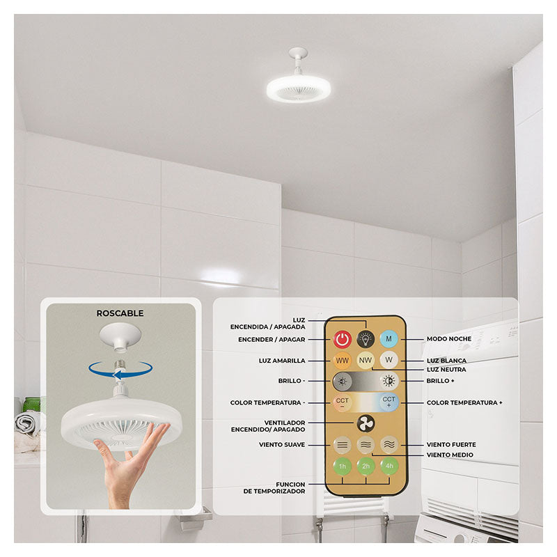 Ventilador enroscable 20w e27 con luz led ajustable 3,000 - 6,500k blanco Designer