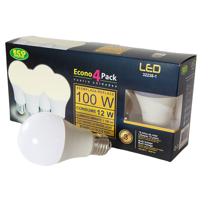 Set 4 bombillos led 12 W E27 A60 3.000 K ECOMAX