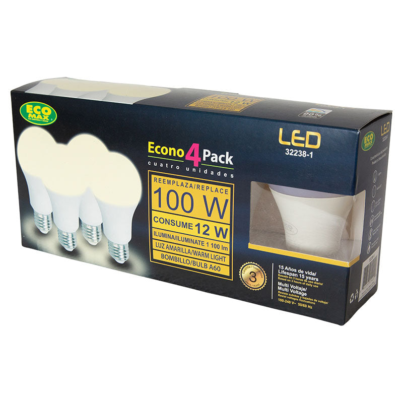 Set 4 bombillos led 12 W E27 A60 3.000 K ECOMAX