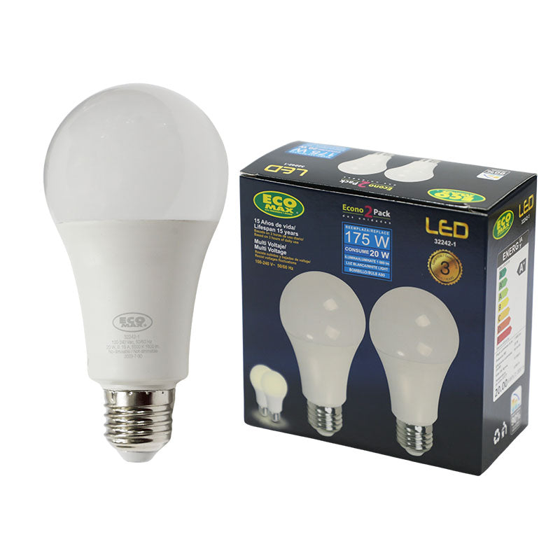 Set 2 bombillos led 20 W E27 A80 6.000 K ECOMAX