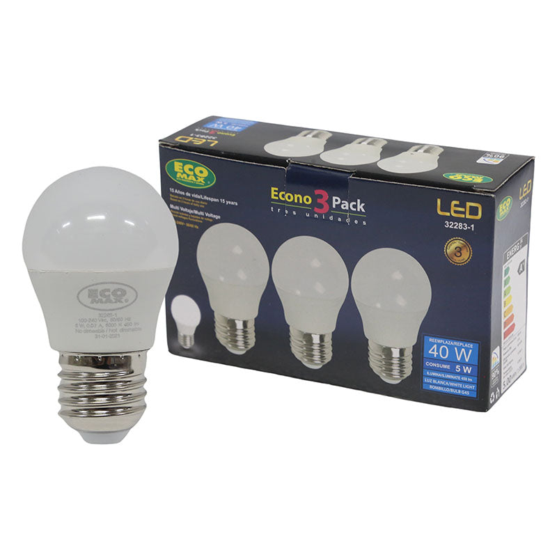 Set 3 bombillos led 5 W E27 G45 6.000 K ECOMAX